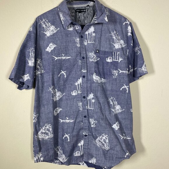 Ocean Current Men's Short Sleeve Pirate Shirt Print Button-Up Shirt L Cotton! - Picture 1 of 5